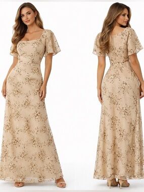 JS Collections Size 6 Gold Embroidered Dress Wedding Guest Mother of the Bride
